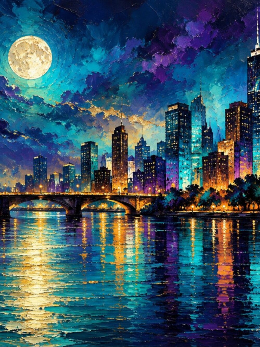 Moonlit Symphony Metropolis Art Print 36x24 Indigo Purple Krita Digital Fine Art